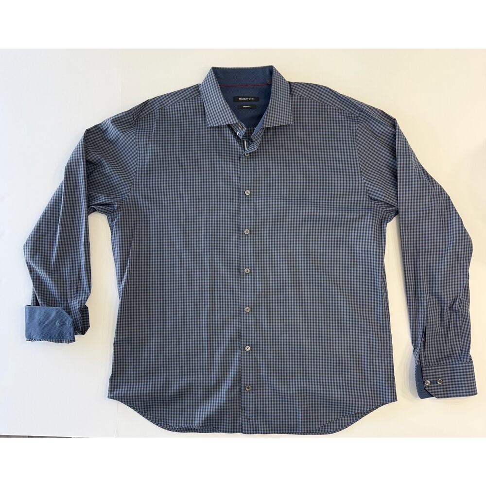 Bugatchi Mens XXL Shaped Fit Blue Check Button Down Shirt Long Sleeve